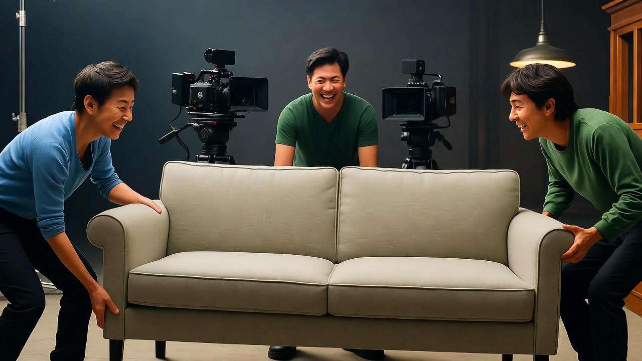 Behind-the-scenes fun and chaos while filming the Friends Pivot scene, showing actors laughing with the sofa.
