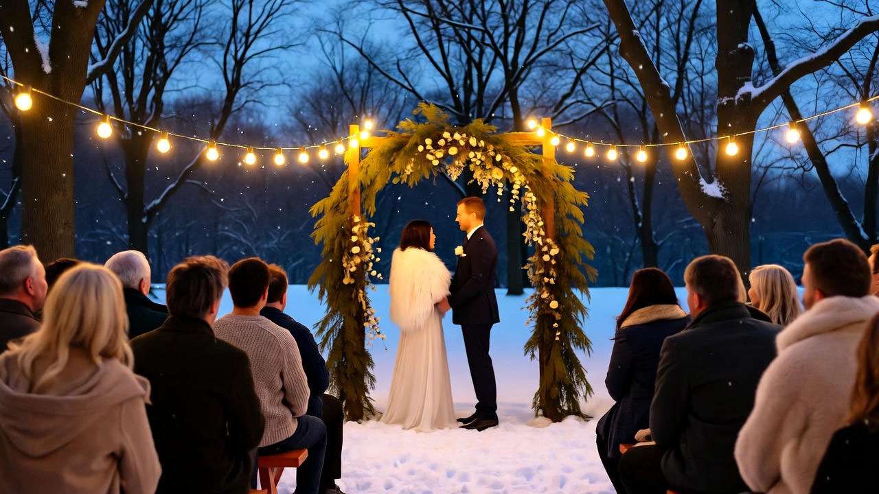 Intimate bohemian snow wedding inspired by Phoebe's free-spirited Friends ceremony. 