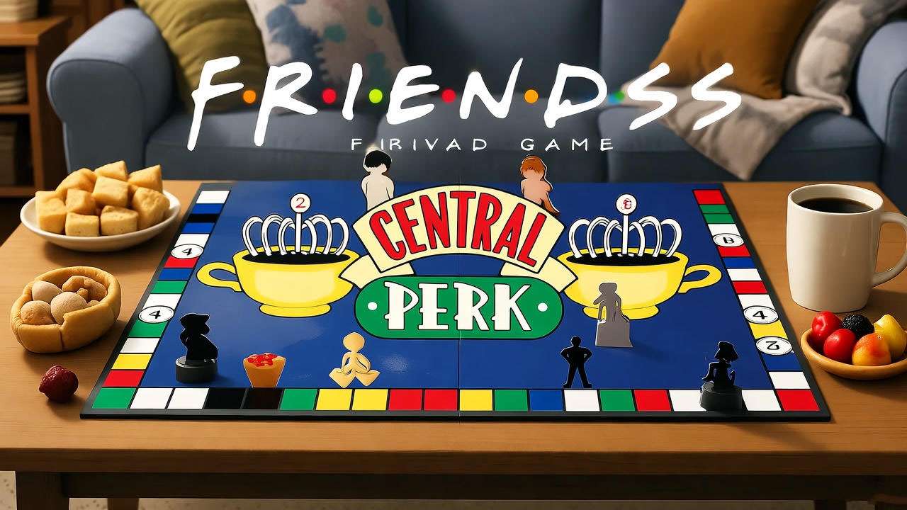 A Friends trivia board game on a cozy living room table with snacks and coffee mugs, capturing the nostalgic fandom of the iconic sitcom.