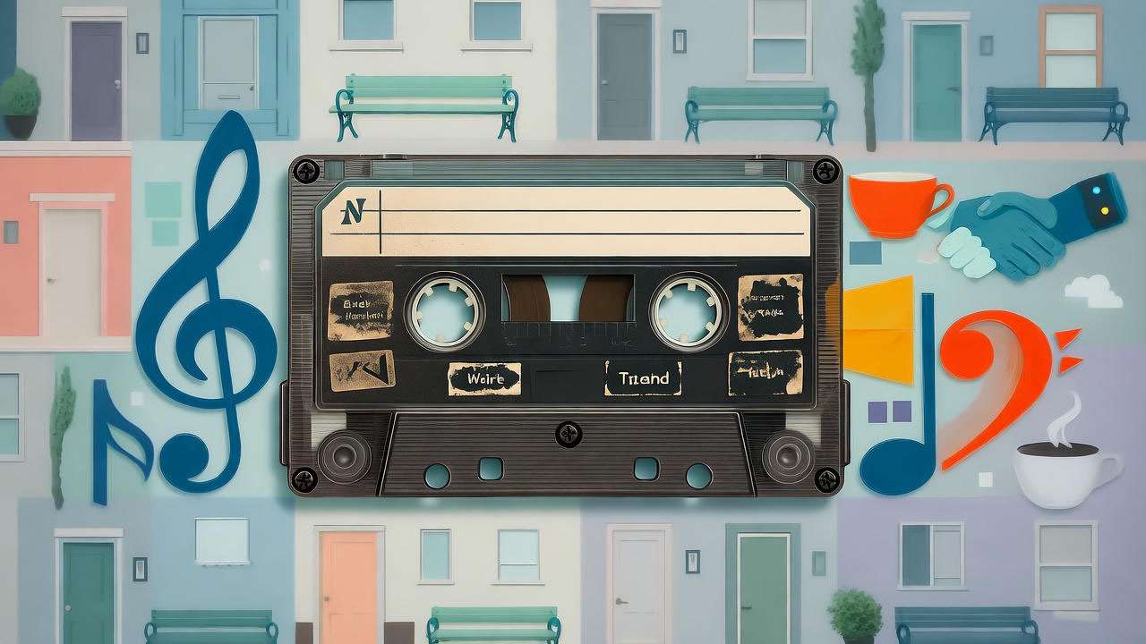 Abstract nostalgic collage representing the hidden musical backstory and friendship themes in Friends, featuring Ross and Chandler's college band legacy.
