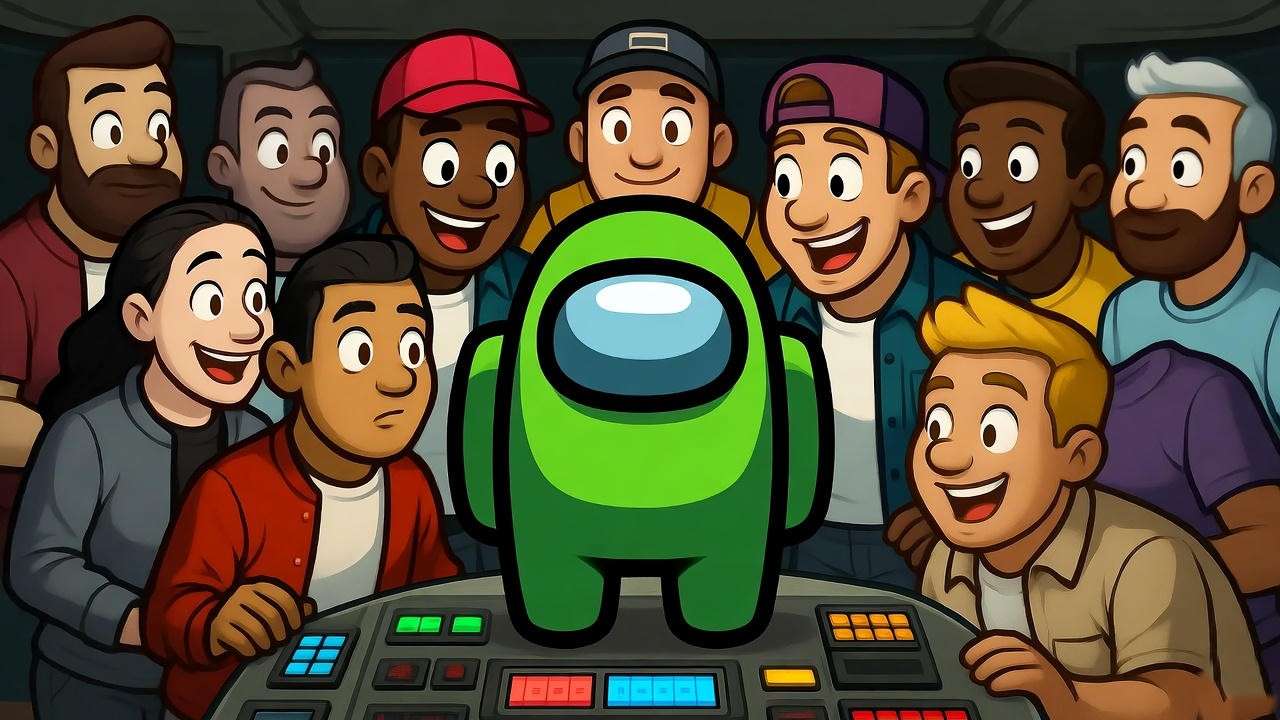 Green Among Us crewmate with Friends characters in a chaotic spaceship discussion.