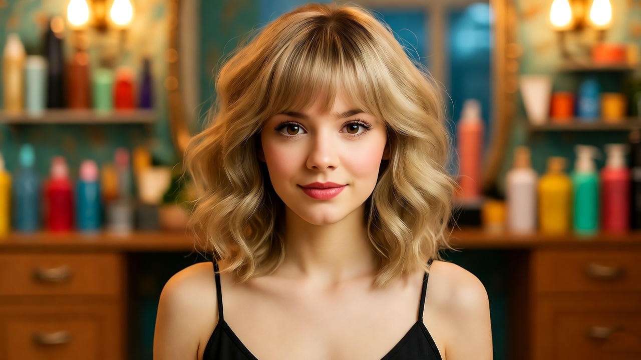 Young woman with iconic Rachel haircut from Friends in a 90s salon, showcasing nostalgic style.