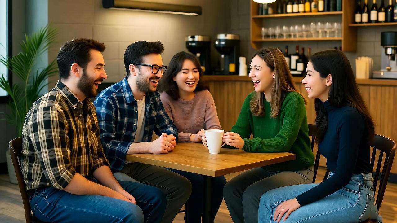 Cozy coffee shop scene with six Friends characters laughing in 90s attire at Central Perk.
