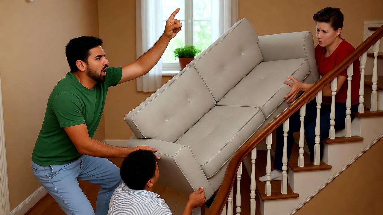 Humorous Pivot scene from Friends with friends moving a couch in a cozy apartment.