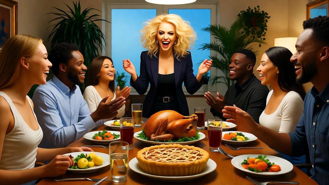 Thanksgiving dinner scene with Amy Green and Friends cast in a cozy apartment