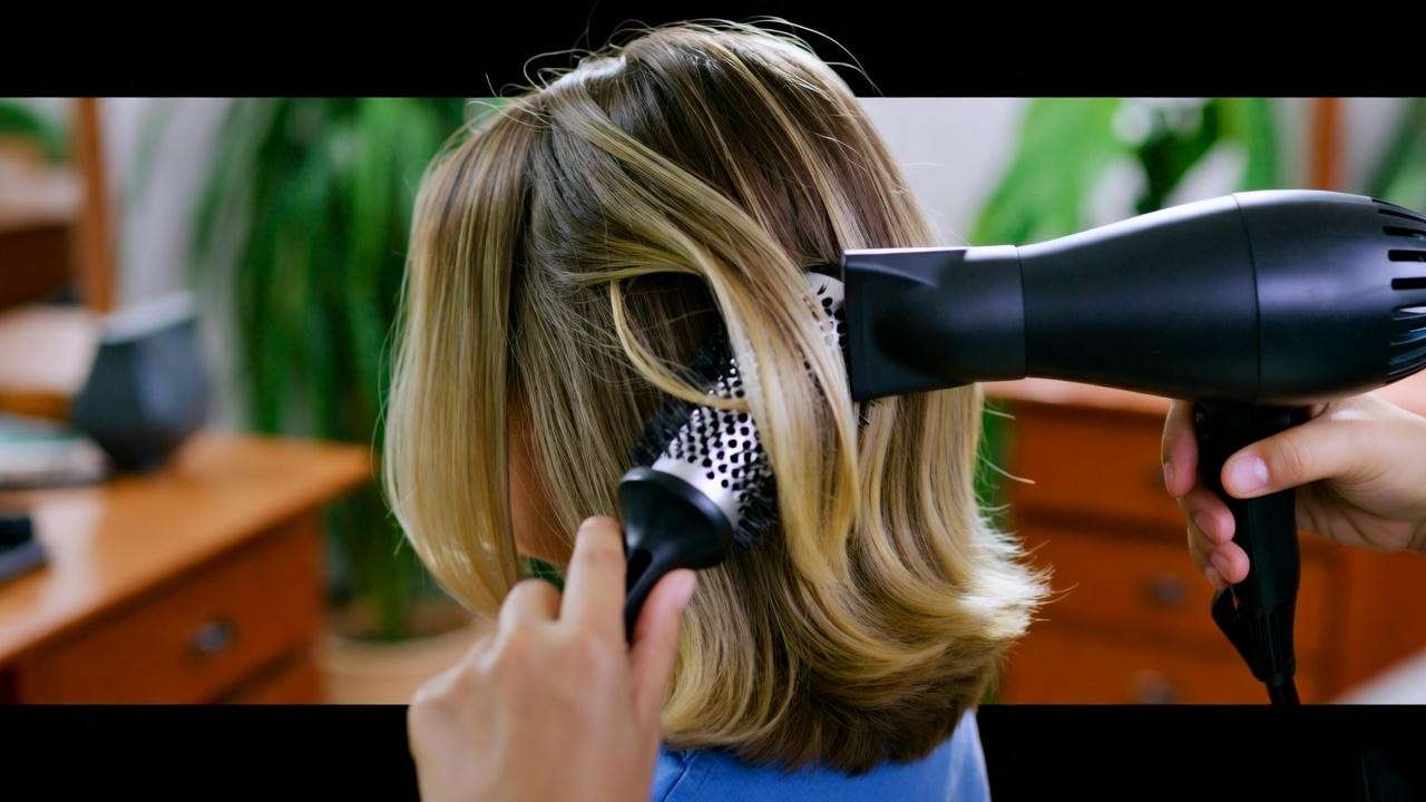 Vintage 90s salon scene with hairstylist shaping a layered Rachel haircut using a round brush and blow dryer.