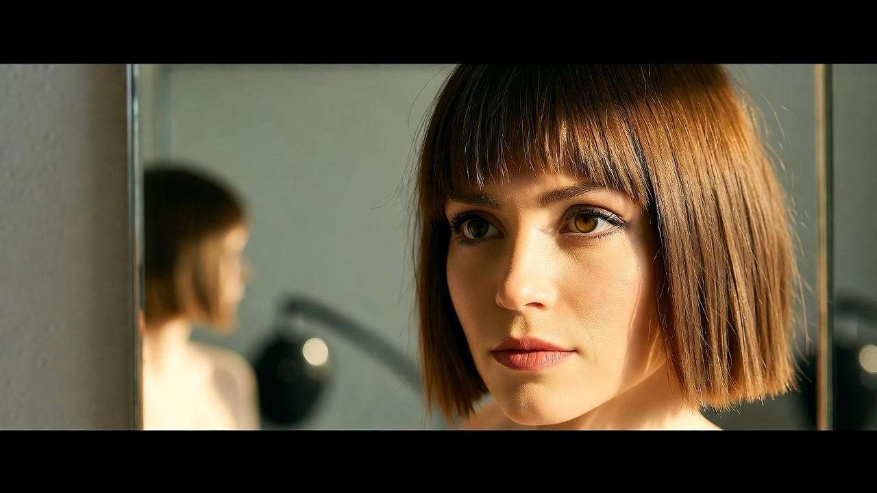 Woman assessing her short angular Karen haircut in a mirror with a 90s nostalgic salon background