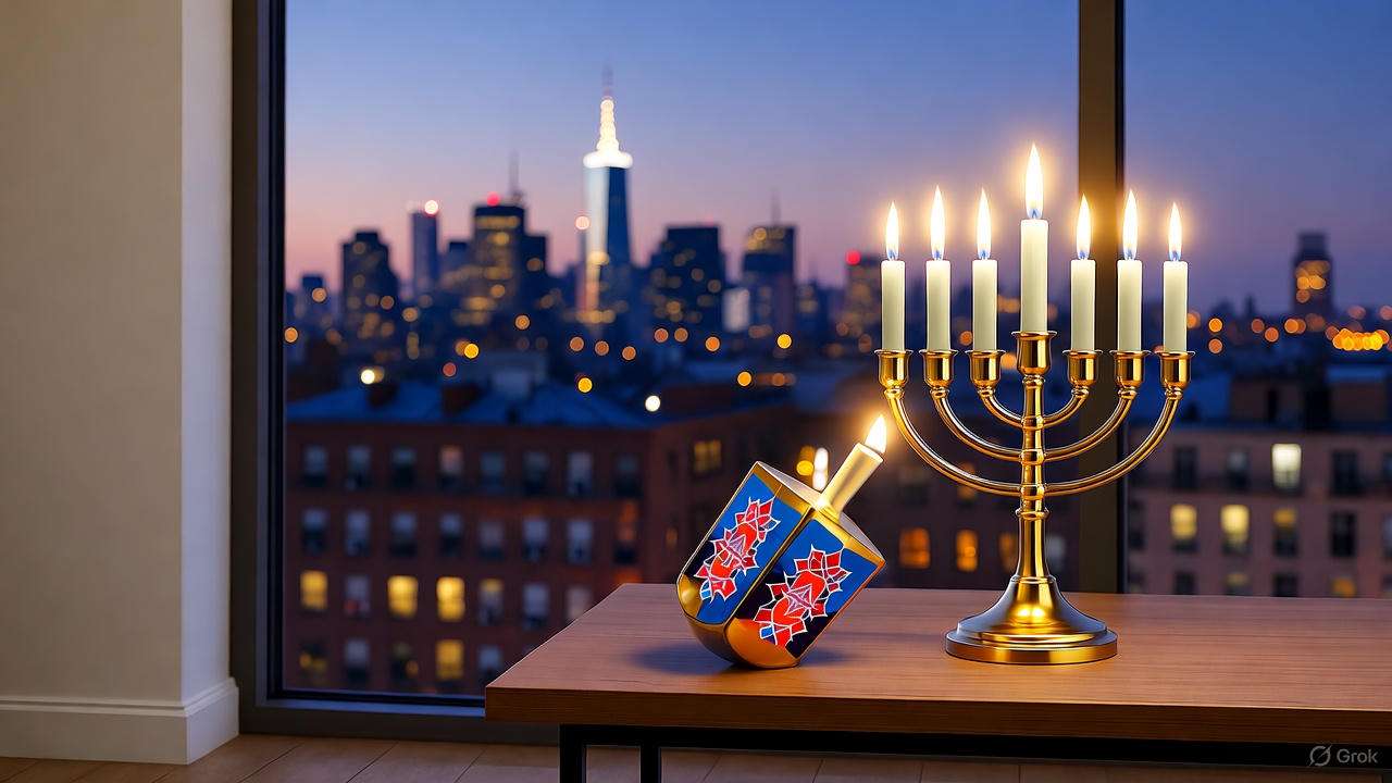Cozy Manhattan apartment with menorah and dreidel for Hanukkah, New York City skyline at dusk.
