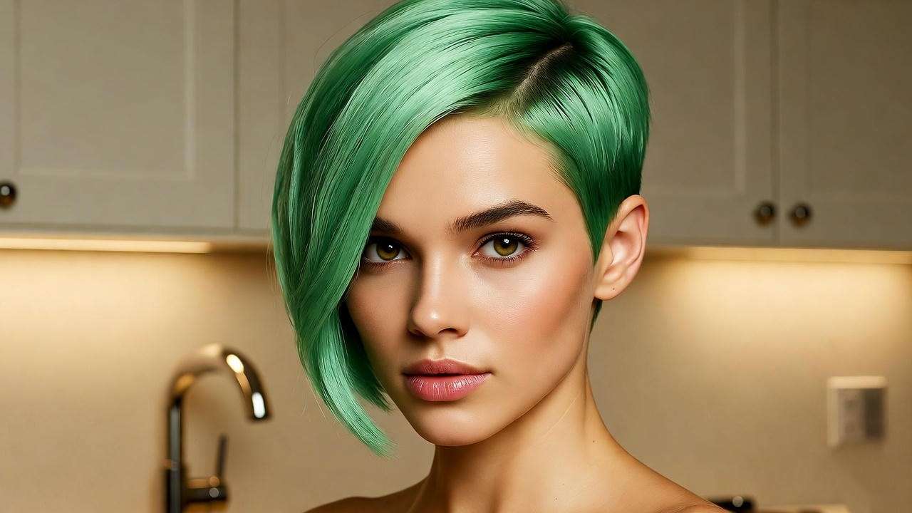 Confident model with a vibrant lime green pixie cut inspired by Monica from Friends in a modern kitchen setting.