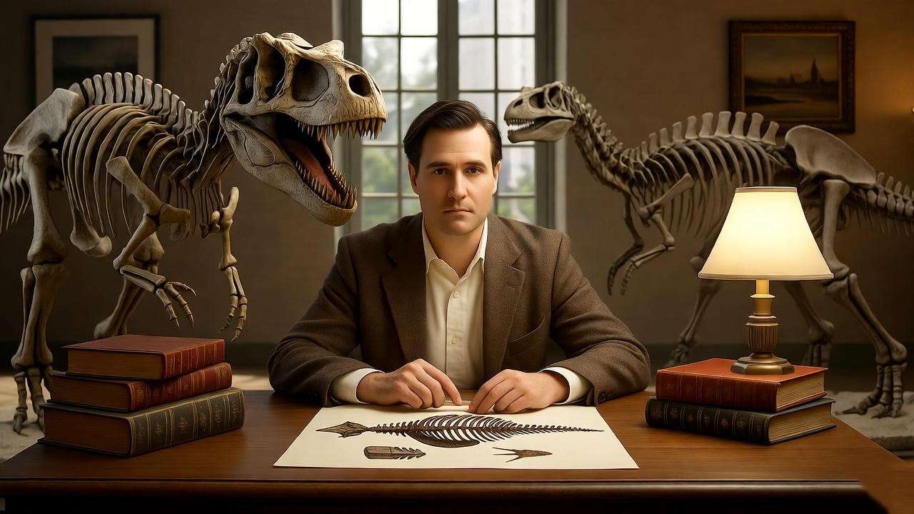 Paleontologist working with dinosaur fossils in a museum, representing Ross Geller’s early career in Friends.