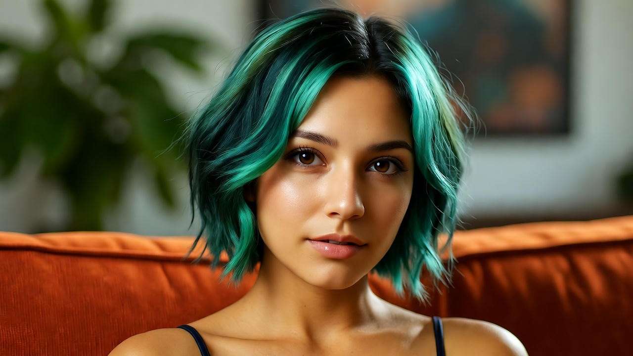 Model with subtle forest green highlights hairstyle inspired by Chandler from Friends on an orange couch.