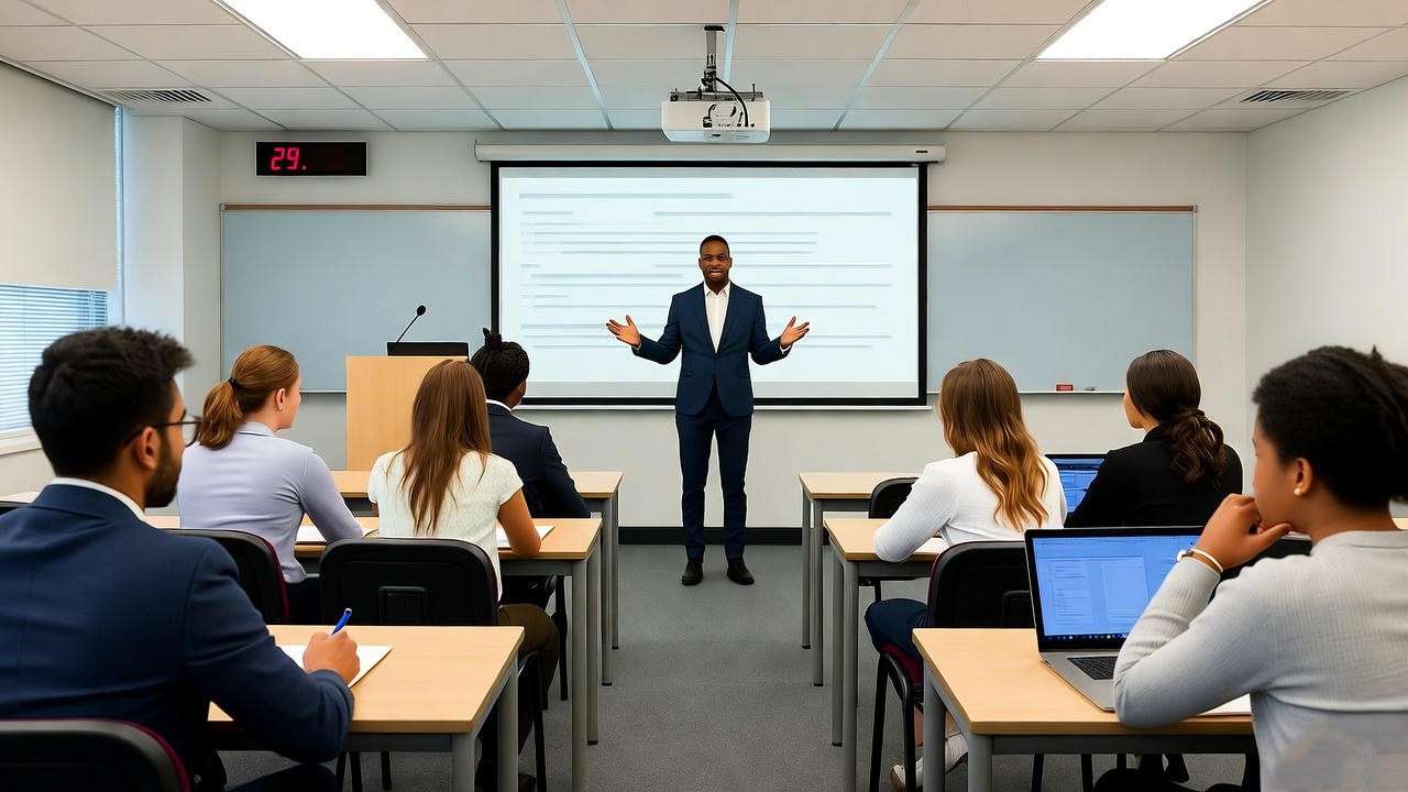Professor lecturing in a university classroom, symbolizing Ross Geller’s career growth in Friends.