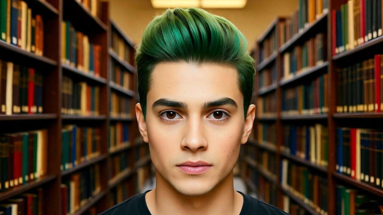 Model with an olive green pompadour hairstyle inspired by Ross from Friends in a vintage library setting.