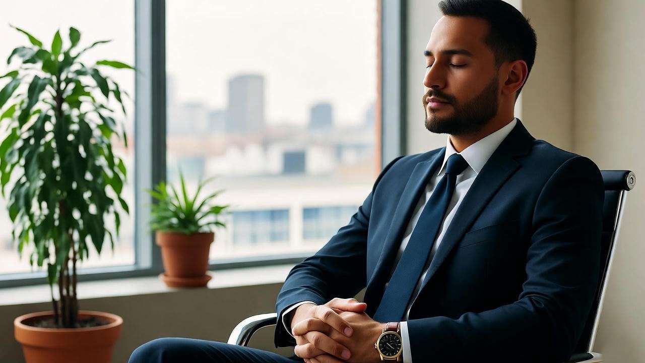 Professional practicing mindfulness in an office, depicting stress management inspired by Ross Geller’s journey in Friends.
