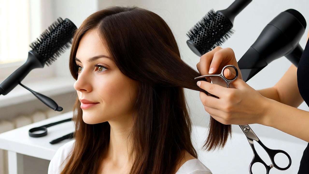 Modern hairstyling session recreating Rachel's iconic haircut with professional tools.