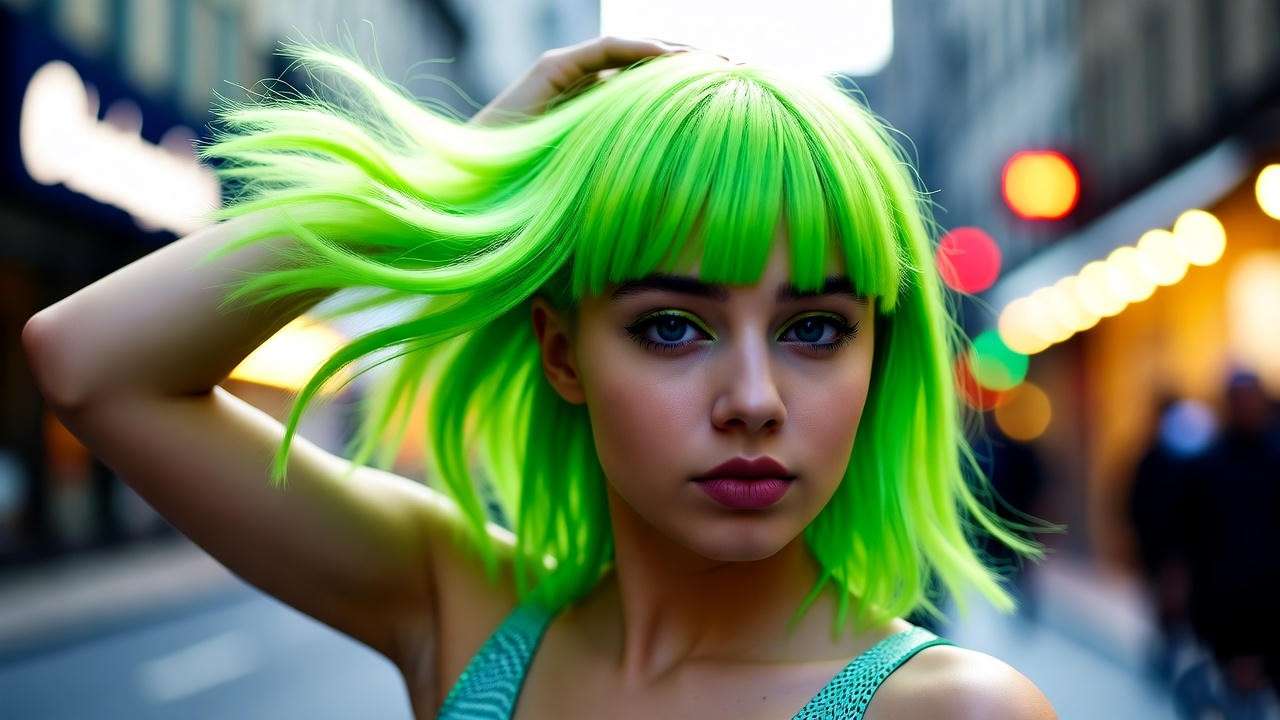 Dynamic model with a neon green shag hairstyle inspired by Joey from Friends in an urban street scene.