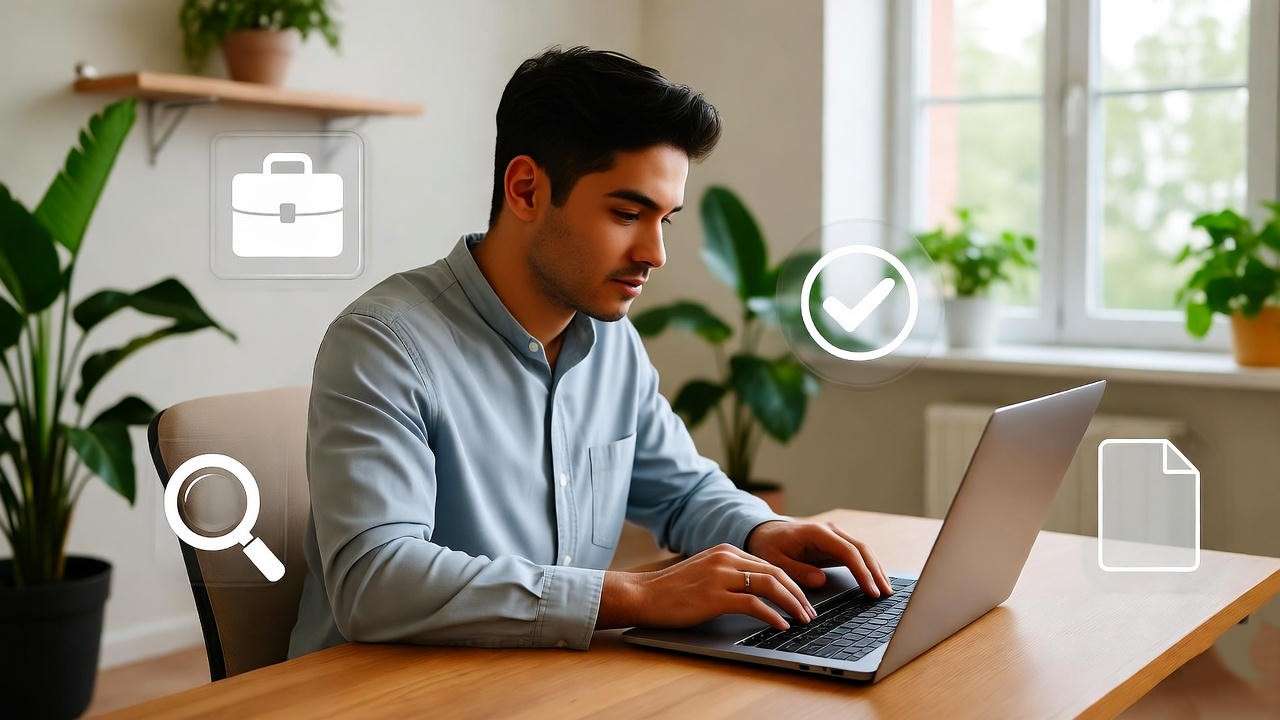 Person optimizing resume on laptop with job search icons, inspired by Ross Geller’s career lessons on Indeed.