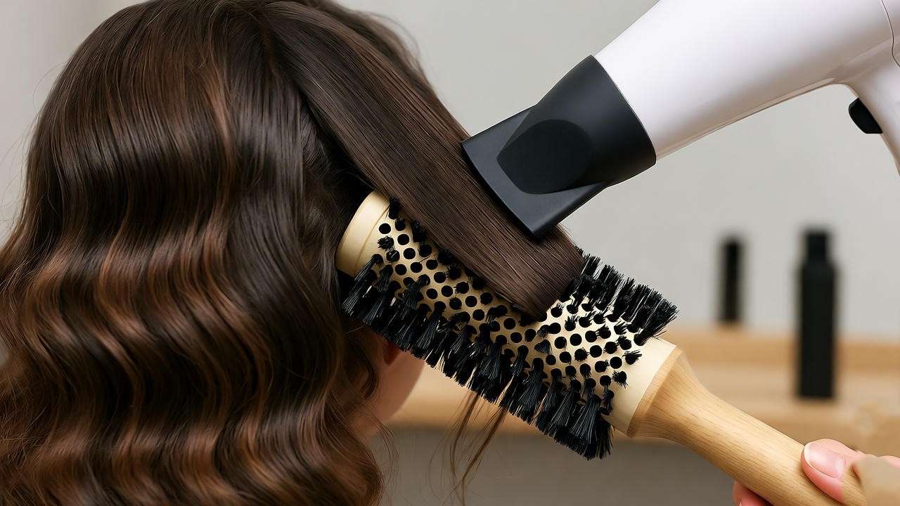 Close-up of 90s-style voluminous hair being styled with a blow dryer and brush.