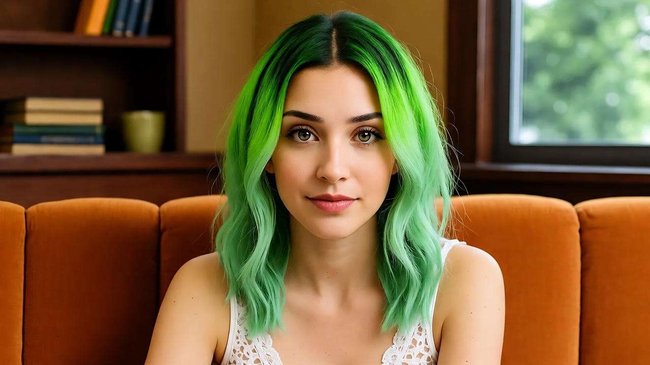 Model with a green ombre hairstyle inspired by Central Perk from Friends on an orange couch.