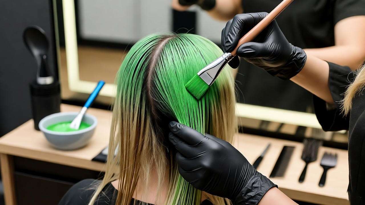 Stylist applying green hair dye to a client in a professional salon setting.