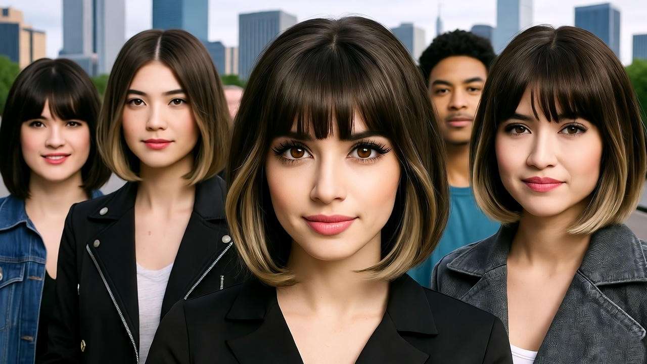 Modern 2025 urban scene with people showcasing updated Rachel-inspired hairstyles.