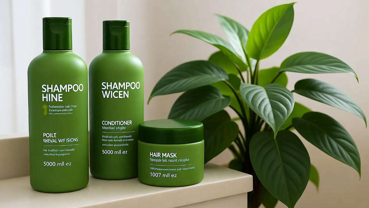 Green haircare products arranged on a shelf with a plant for maintaining green hairstyles.