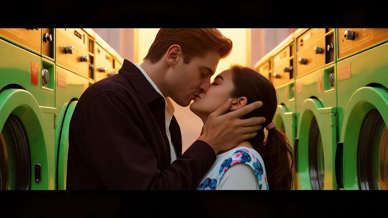 Romantic green kiss moment between Ross and Rachel in a nostalgic laundromat scene from Friends.