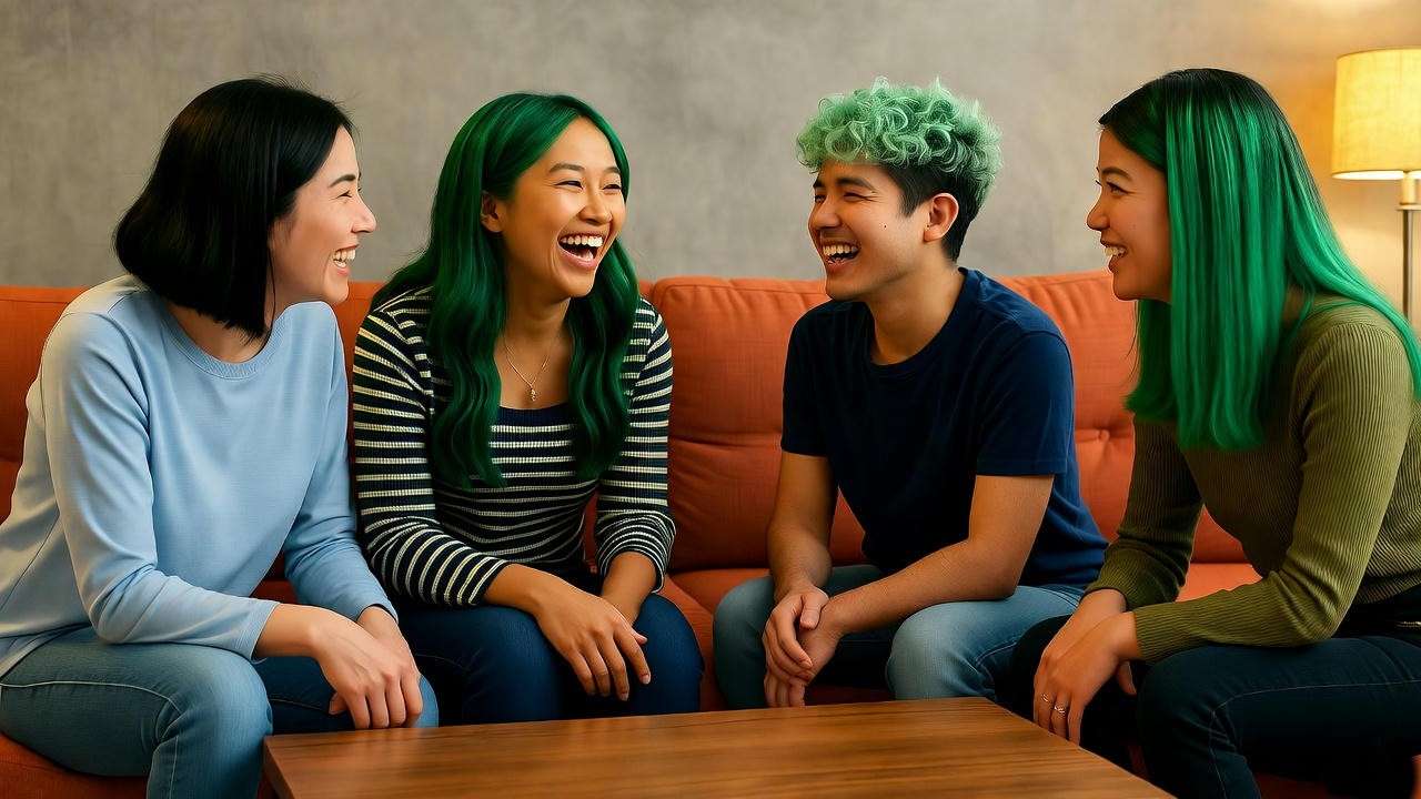Friends with green hairstyles laughing in a cozy living room inspired by Friends TV series.