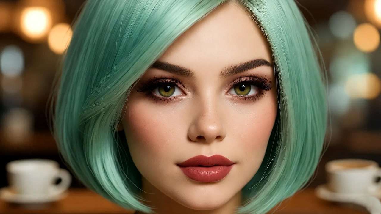 Close-up of a sleek mint green lob hairstyle inspired by Rachel from Friends TV series, styled glossy in a 90s coffee shop setting.