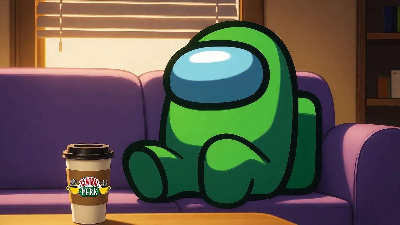 Green Among Us crewmate lounging on a purple couch with a Central Perk coffee cup.