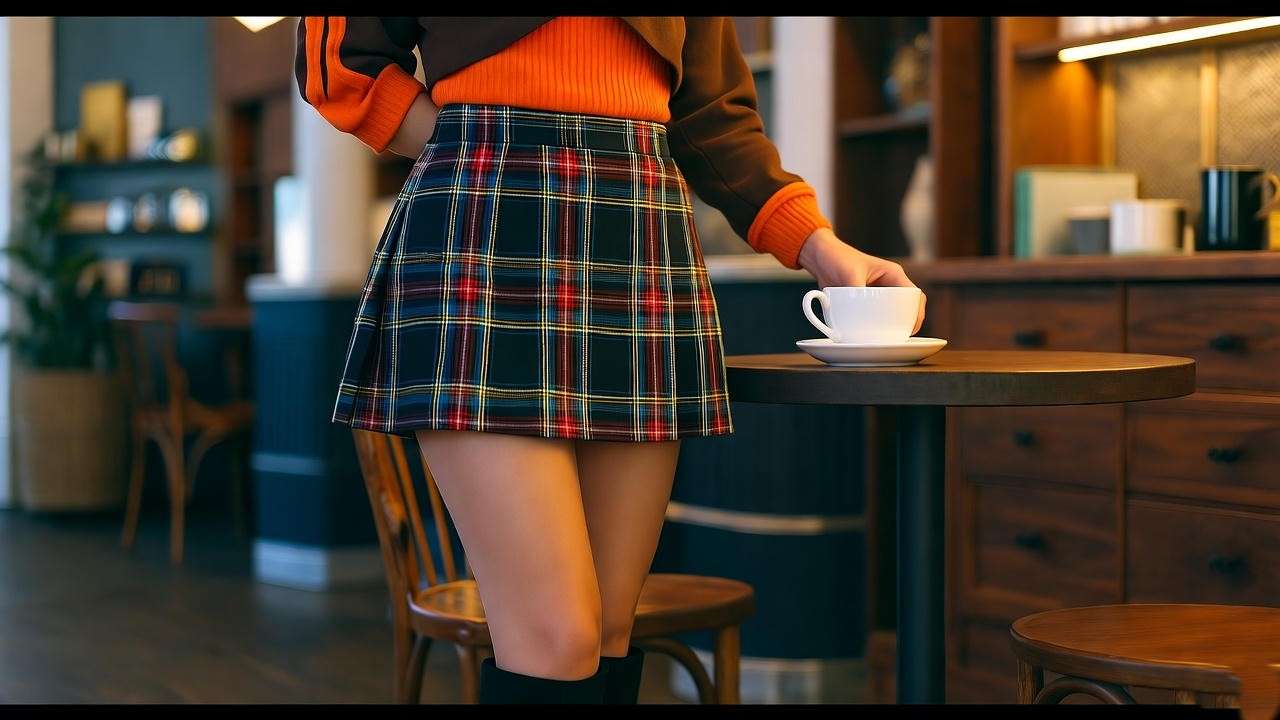 Woman in Rachel Green’s 90s fashion with plaid skirt and layered top in a cozy cafe setting.