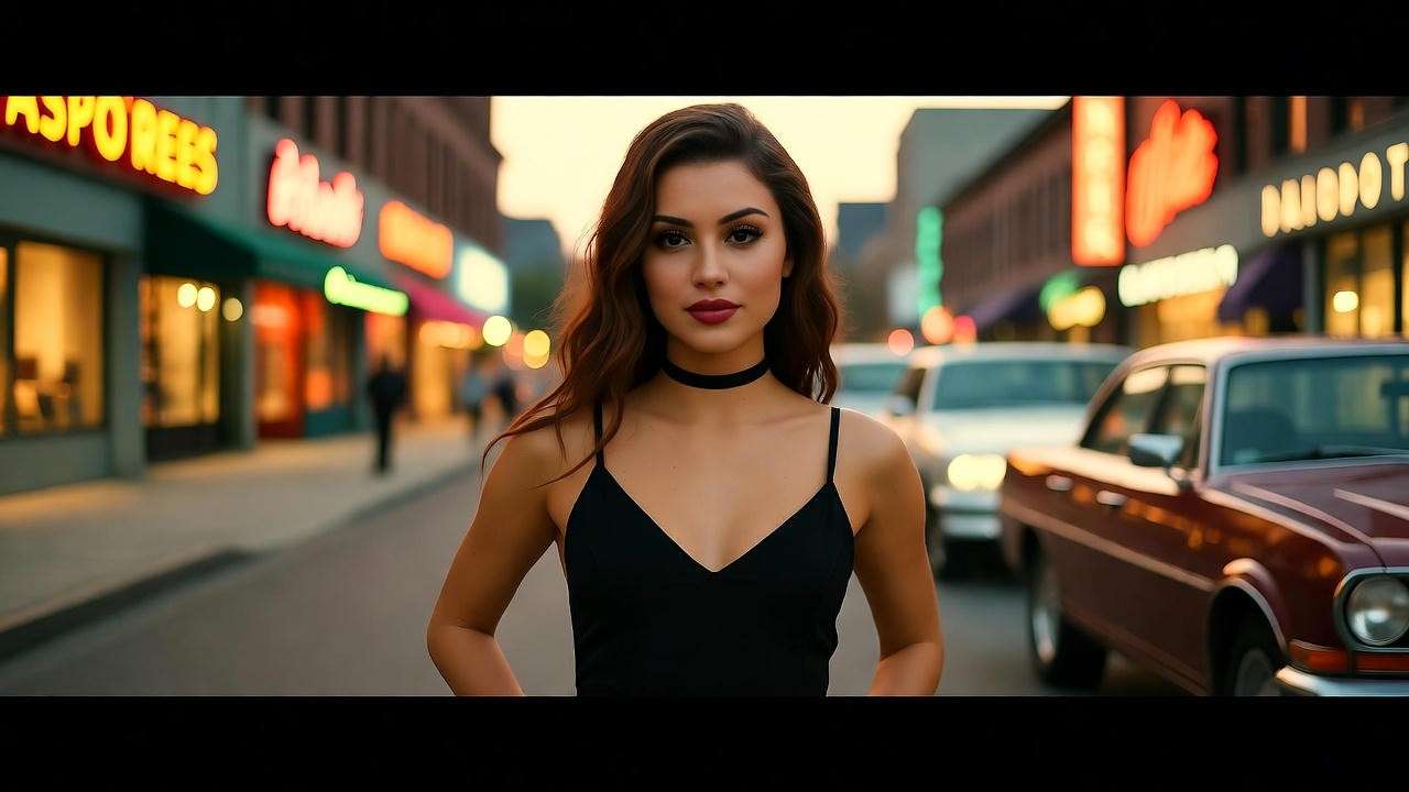 Woman in black slip dress and choker on 90s urban street, inspired by Rachel Green Friends fashion.