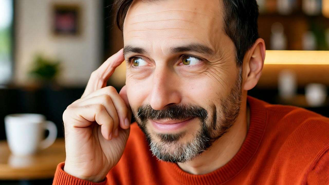 Close-up of Chandler Bing in an orange sweater with a sarcastic gesture in a coffee shop."