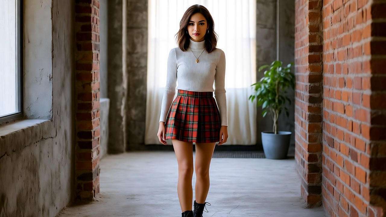 Woman in Rachel Green-inspired plaid skirt and turtleneck, 90s grunge-preppy fashion.