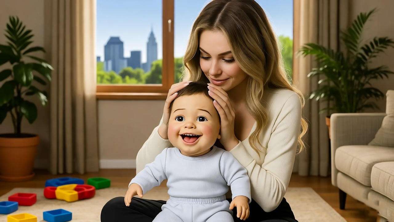 Amy Green babysitting scene with baby doll in a messy living room