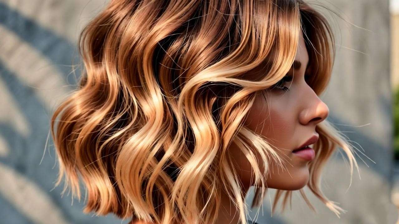 Close-up of a woman with a modern layered haircut styled in voluminous honey-blonde waves.