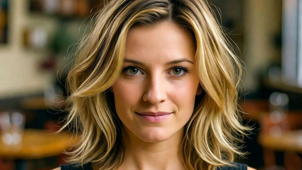 Woman with Rachel Green-inspired voluminous layers in a cozy 90s coffee shop setting