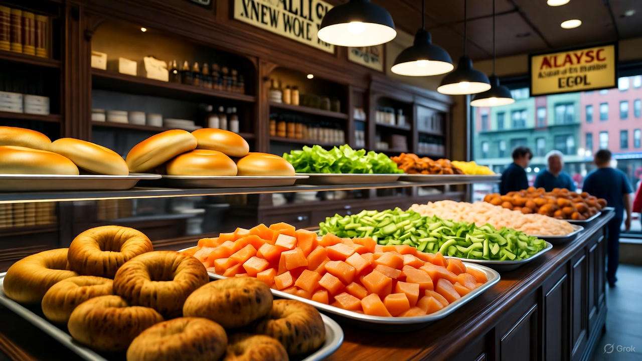 Lively New York deli with bagels, knishes, and lox, featuring Lower East Side view.