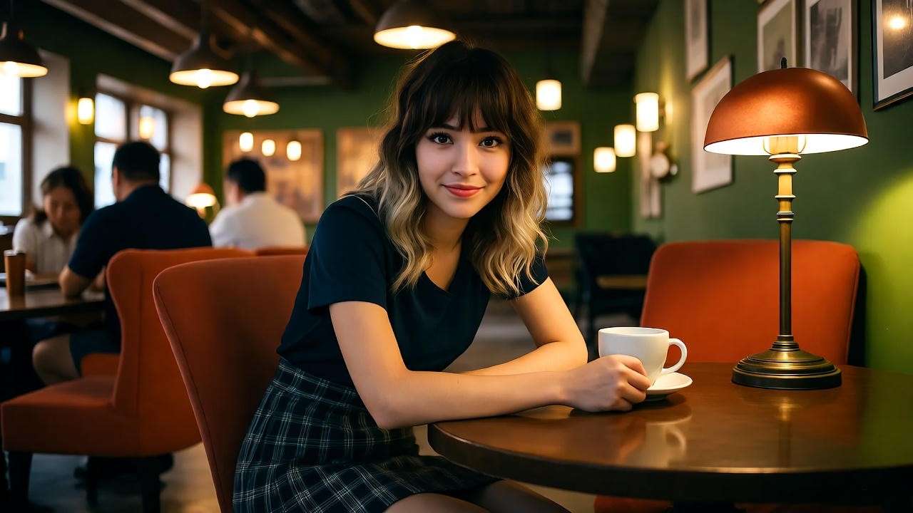 Rachel Kaufman in a 90s coffee shop scene from Friends, showcasing her iconic layered haircut and plaid skirt
