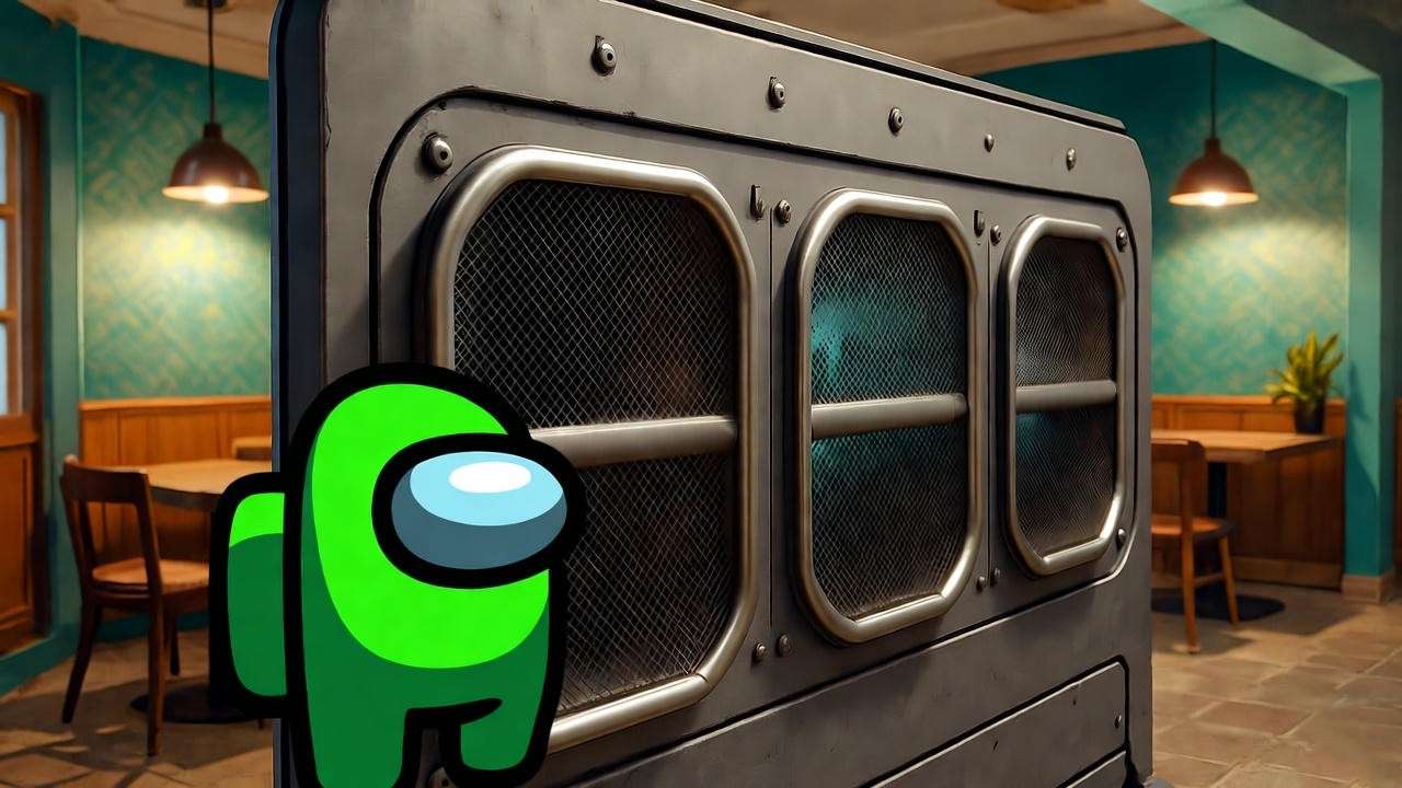 Green Among Us crewmate sneaking through vents in a retro 90s coffee shop setting.