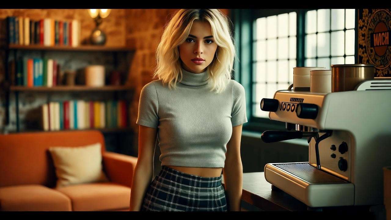 Woman with Rachel haircut in plaid miniskirt and cropped turtleneck at Central Perk, 90s Friends fashion.