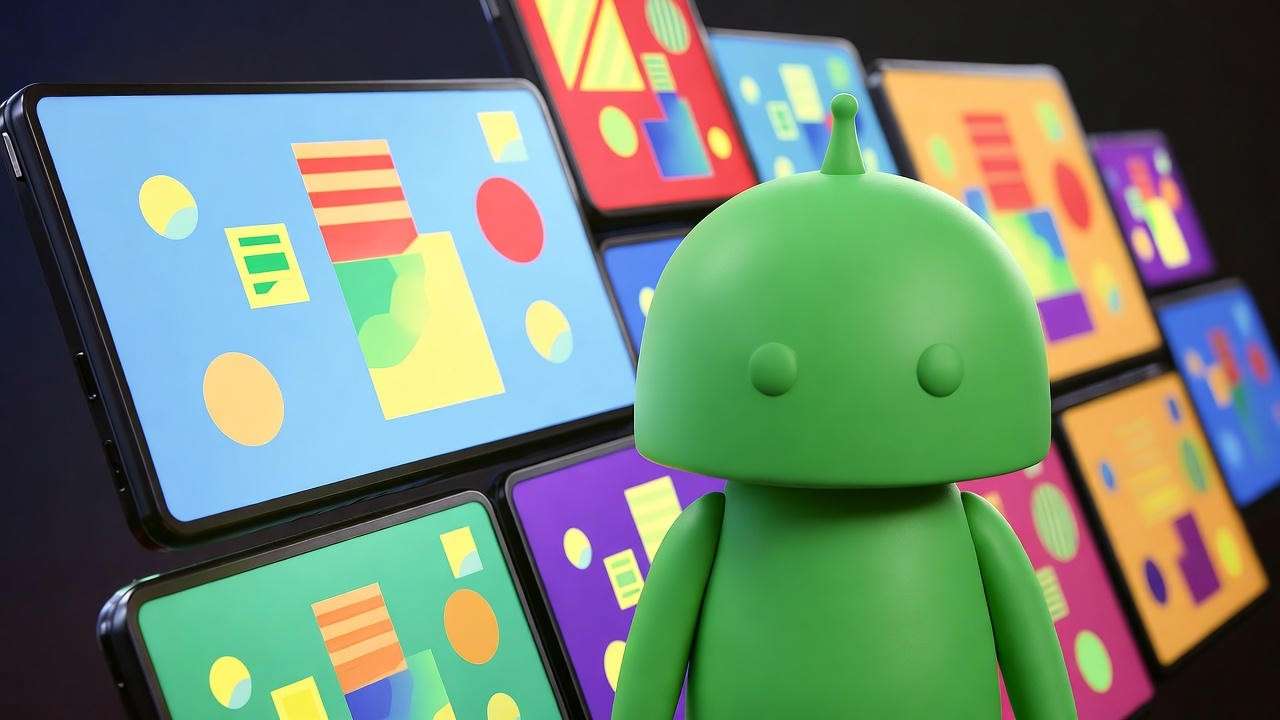 Green Among Us crewmate surrounded by animated social media screens with abstract patterns.