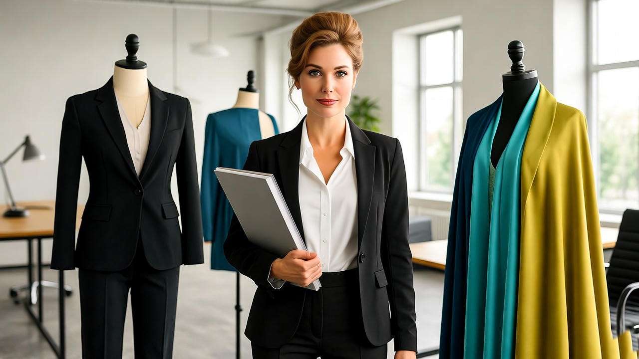 Confident woman in a fashion office representing Rachel Green’s career transformation.