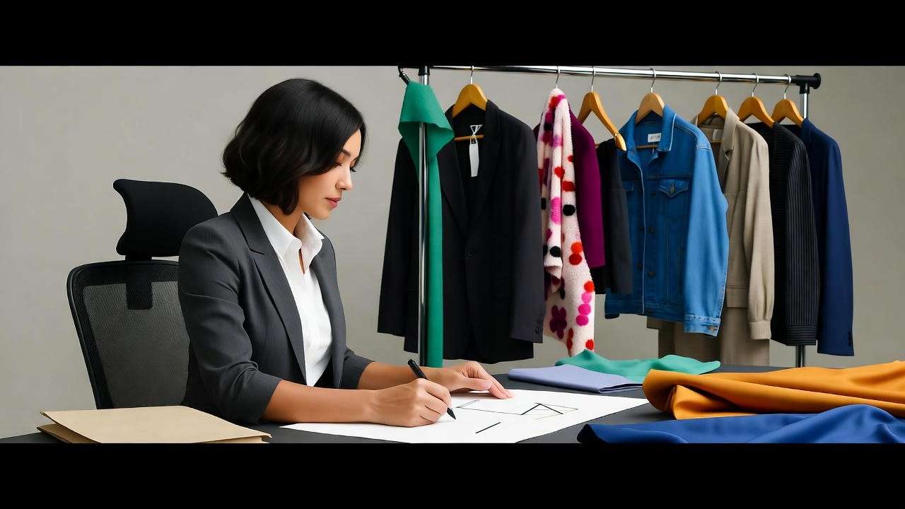 Costume designer sketching Rachel Green’s 90s wardrobe with fabric swatches and clothing rack.