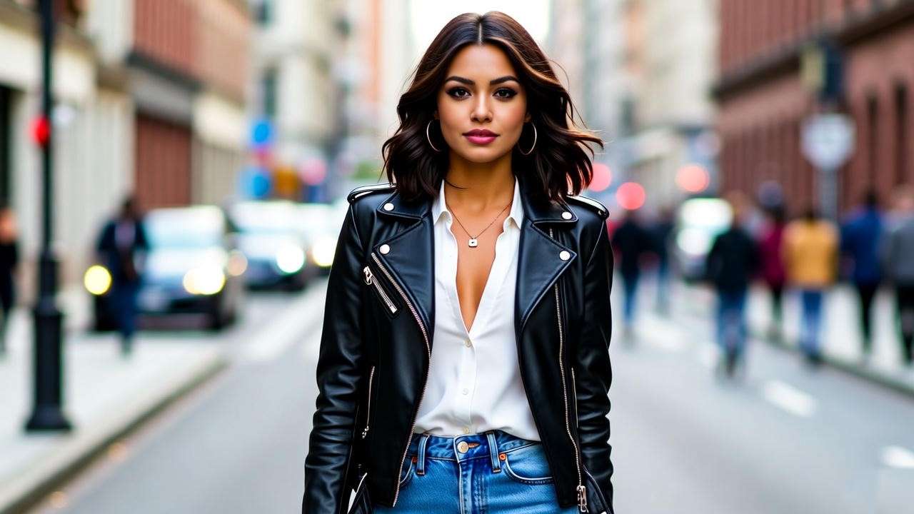 Stylish Rachel Green with a 90s bob haircut walking confidently on a city street.