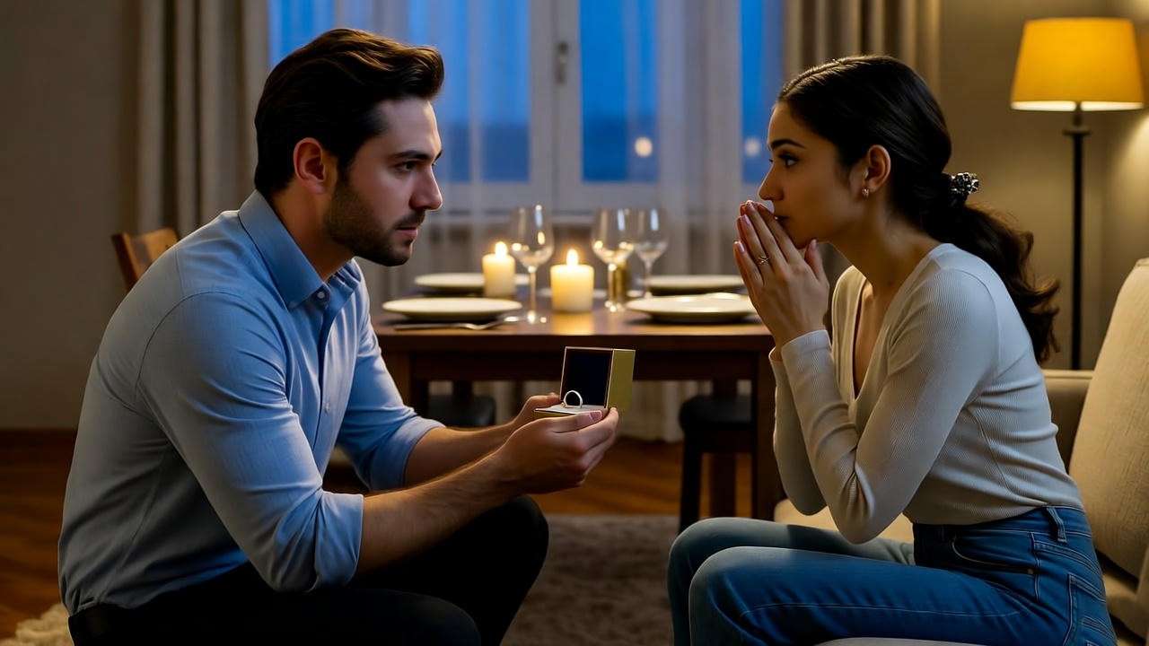 Romantic proposal scene of Chandler and Monica in a candlelit Friends apartment.