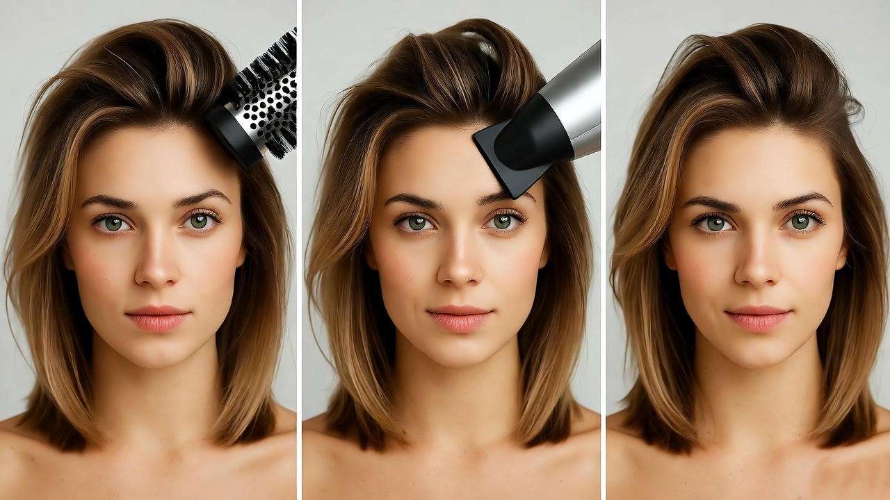 Step-by-step hairstyling process with blow dryer and round brush creating a voluminous layered haircut.