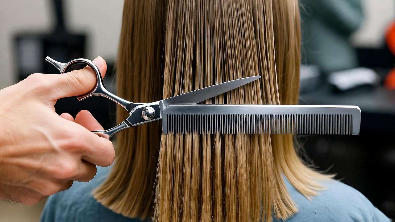 Hairstylist cutting layered Rachel haircut long in a professional salon setting