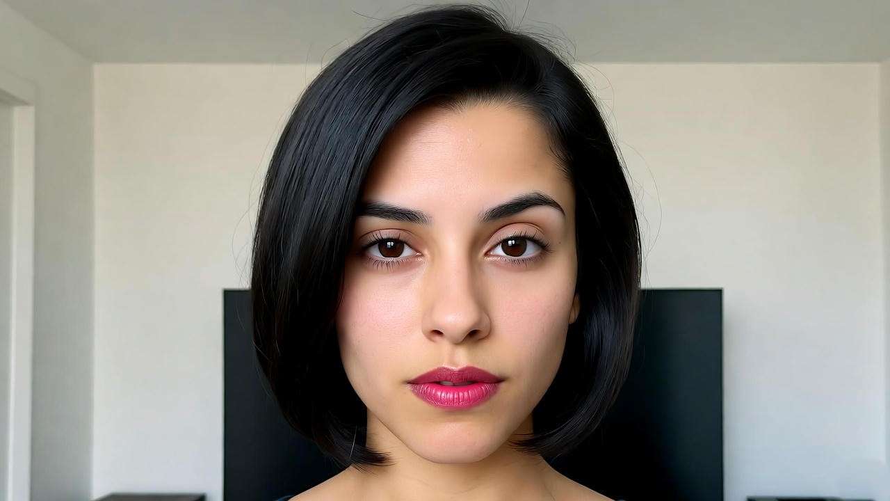 Woman with Monica-inspired sleek bob haircut in a modern 90s-style apartment