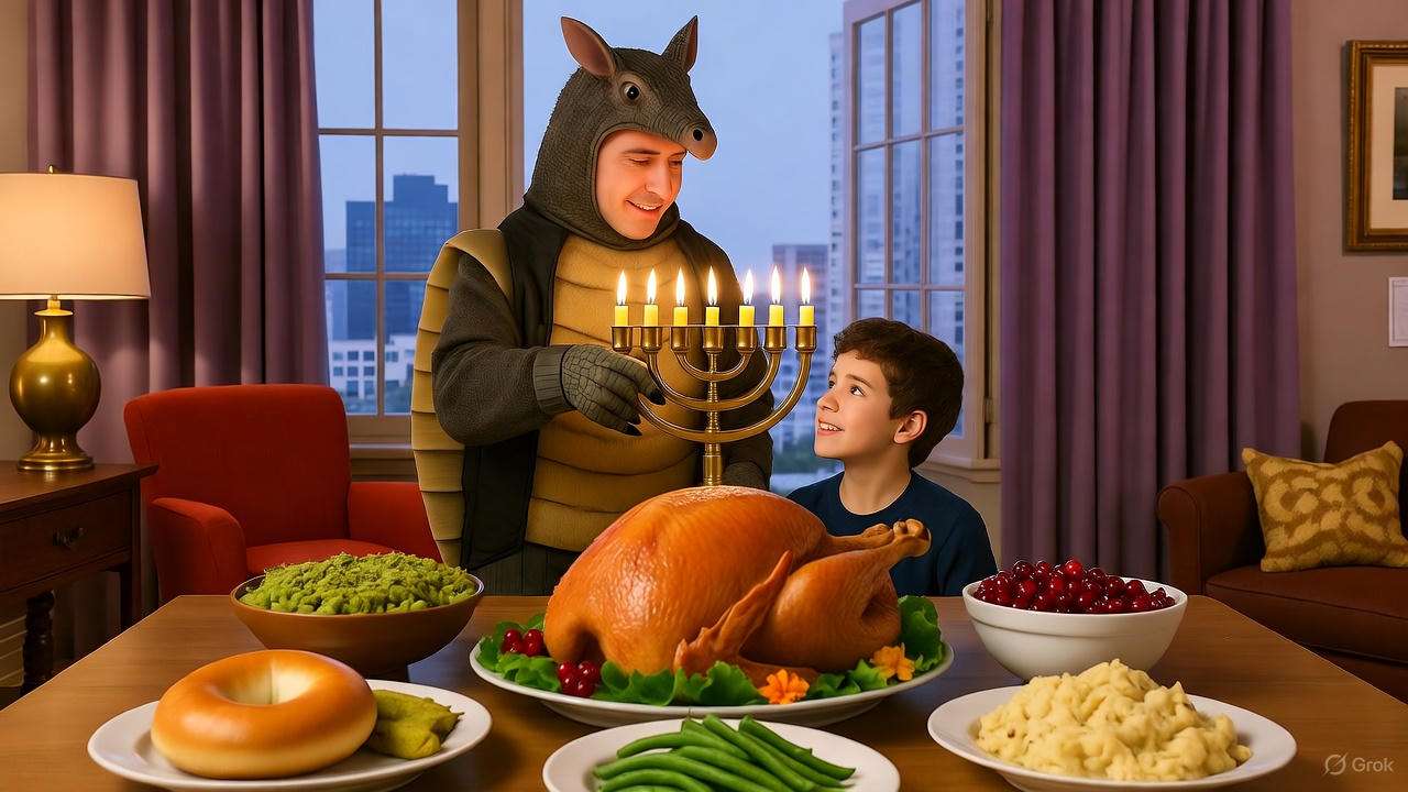 Ross in armadillo costume with menorah teaching Hanukkah, family gathering with Thanksgiving feast.